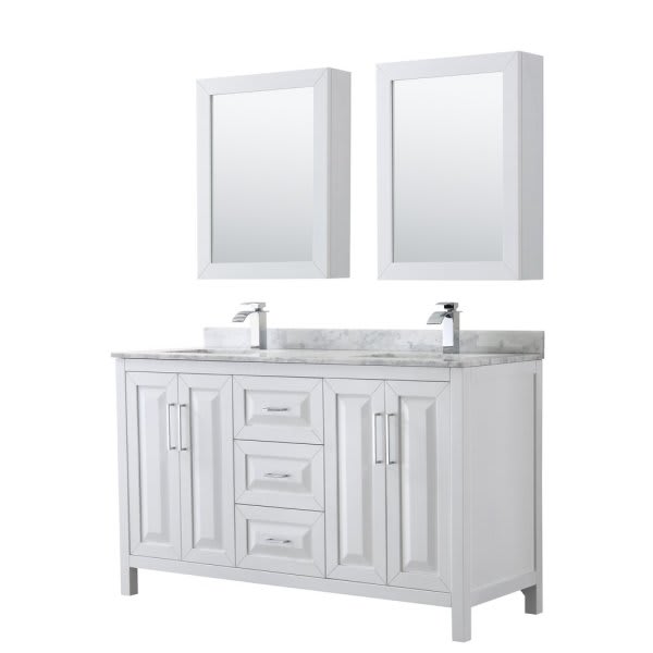 Wyndham Daria White Double Bath Vanity 60" With Square Sink & Medicine Cabinet