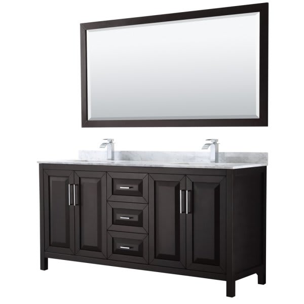 Wyndham Daria Dark Espresso Double Bath Vanity 72" With Square Sink &70" Mirror