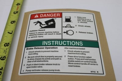 Genie Part # 97712GT – Decal,Danger,Brake Rel Safety