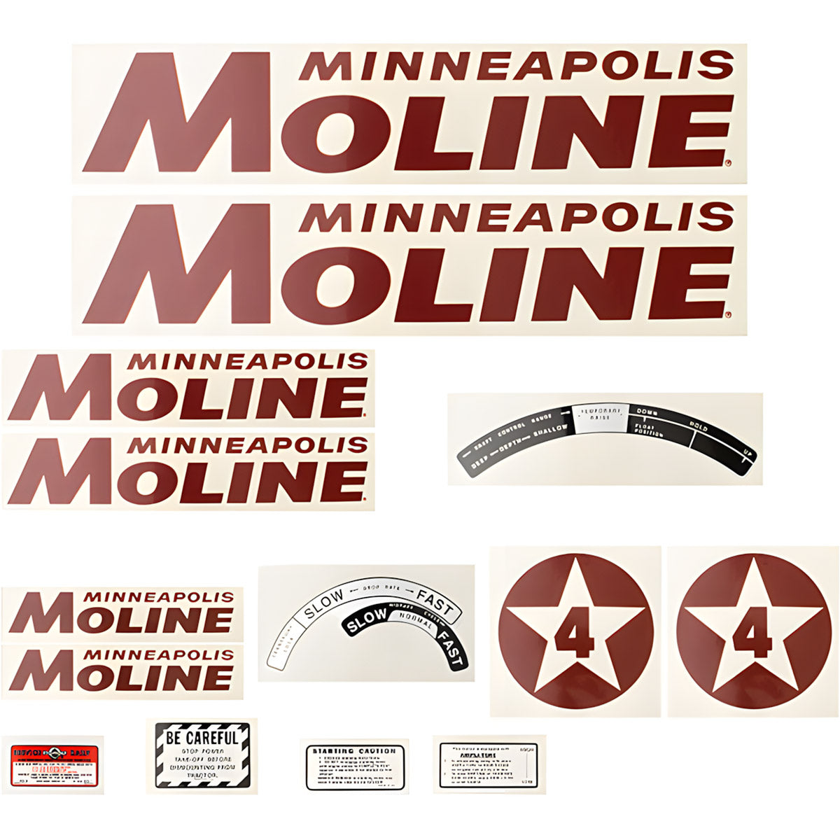 Decal Set for Minneapolis Moline 4 Star Red Mylar - Red Letters