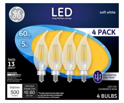 Decorative LED Light Bulbs, Soft White, CAC, Clear, Dimmable, 500 Lumens, 5 Watt, 4-Pk.