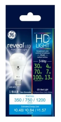 HD+ Reveal 3‑Way LED Bulb – A19 Medium Base, 3.5/8/11.5 W (30/70/100 W Incandescent Equivalent)