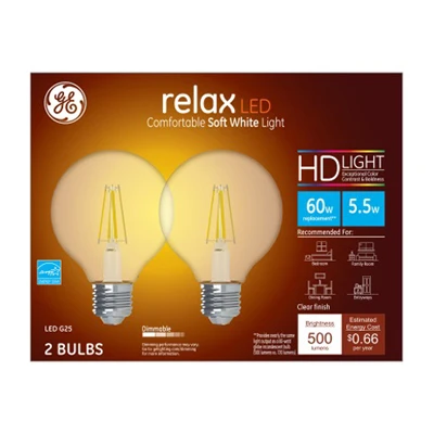 LED Relax Globe Light Bulbs, Clear Soft White, 500 Lumens, 5.5 Watt, 2-Pk.
