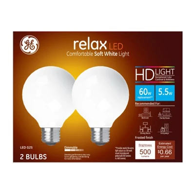 LED Relax Globe Light Bulbs, Soft White, 500 Lumens, 5.5 Watt, 2-Pk.