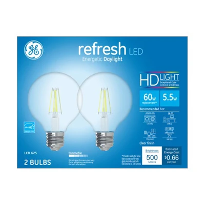 LED Refresh Globe Light Bulbs, Clear Daylight, 500 Lumens, 5.5 Watt, 2-Pk.