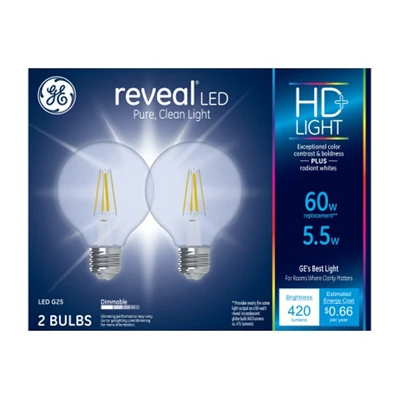 LED Reveal Globe Light Bulbs, Clear Pure White, 500 Lumens, 4 Watt, 2-Pk.