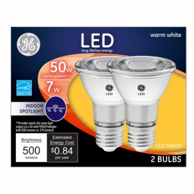 LED Directional Light Bulb, R20, Warm White, Clear Bulb, 500 Lumens, 7 Watt, 2-Pk.