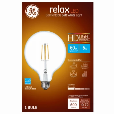 LED Relax Globe Light Bulb, G40, Clear Soft White, 500 Lumens, 6 Watt