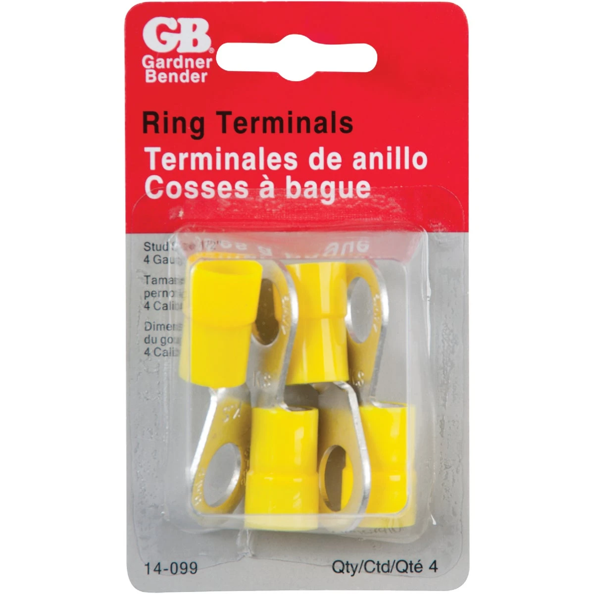Ring Terminals, 4 AWG, Yellow, 1/2-In., 4-Pk.