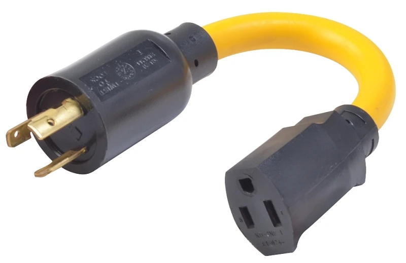 Yellow Locking Cord Adapter, 12/3 STW, 20A-125V To 15A-125V, 9 In.
