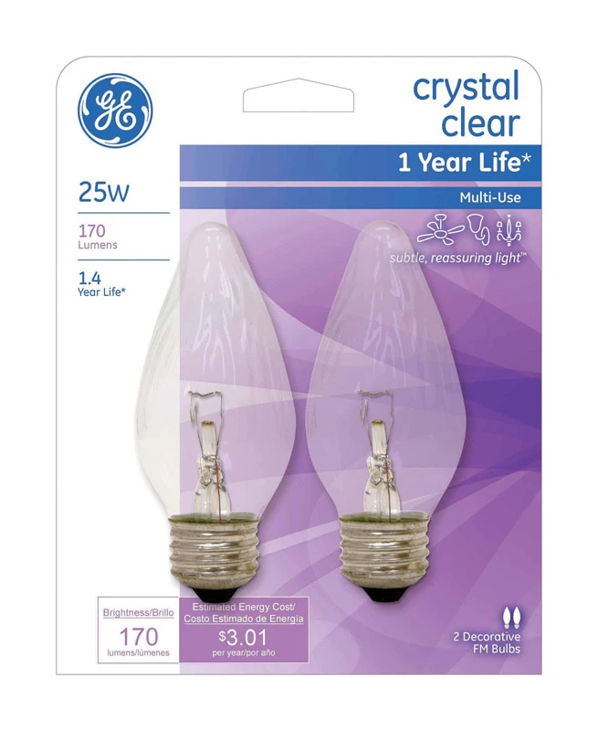 Chandelier Light Bulbs, Flame Shape, Clear, Faceted, 25 Watt, 2-Pk.