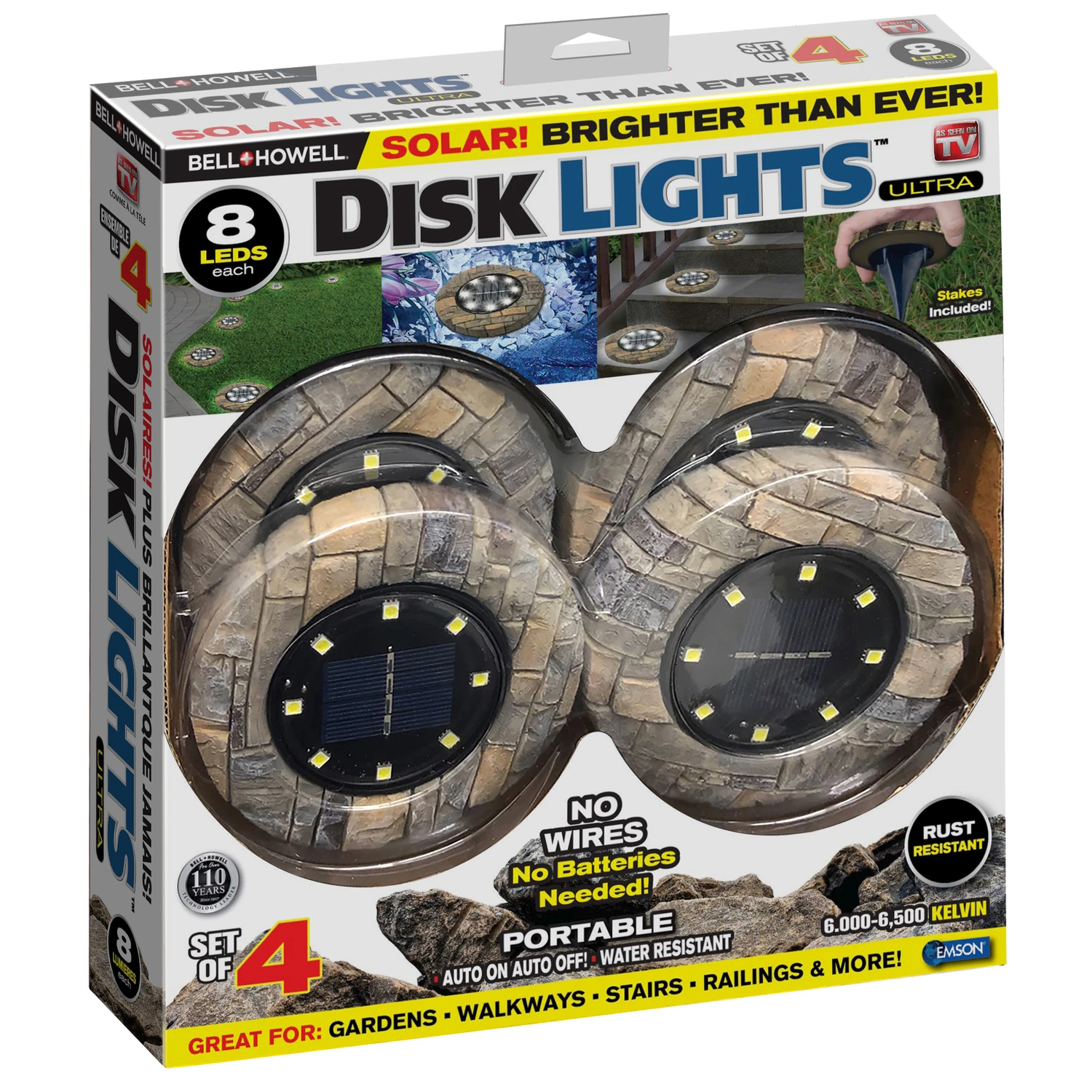 Solar Powered Disk Lights, 8 LED, Slate, 4-Pk.