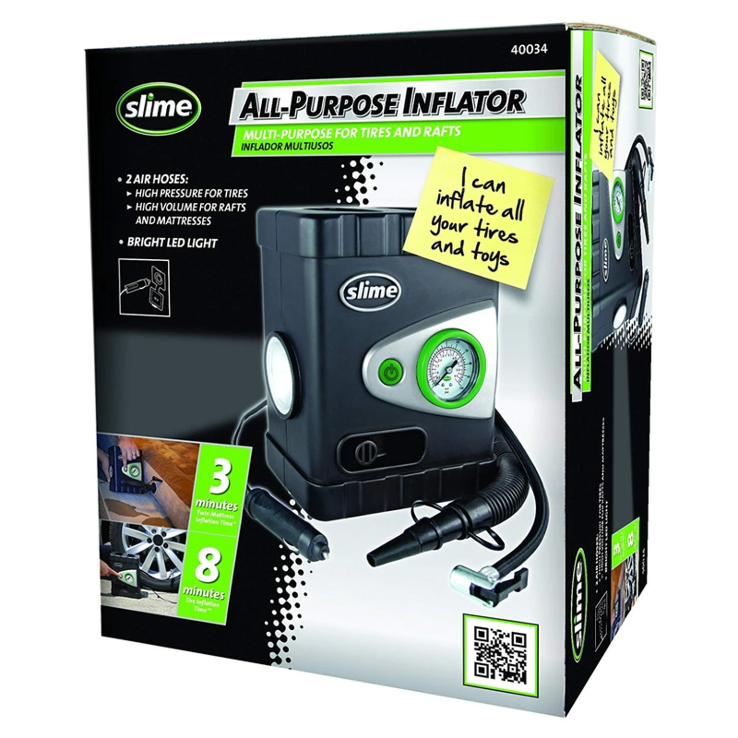 Tire Inflator + LED Light, 12-Volt