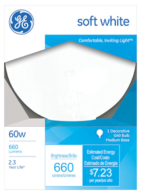 White Globe Light Bulb, 60 Watt, 5 In.-Diameter