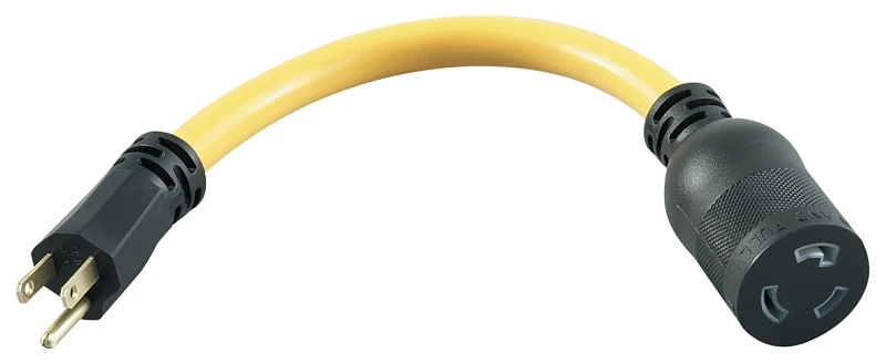 Yellow Locking Cord Adapter, 12/3 STW, 15A-125V To 20A-125V, 9 In.