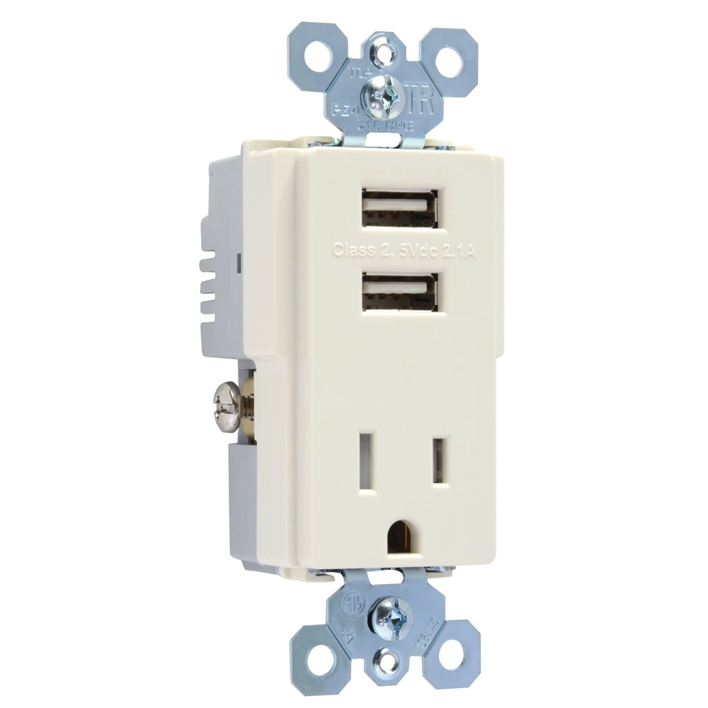 Pass & Seymour USB Charger, 2-Outlet, Light Almond, 15-Amp