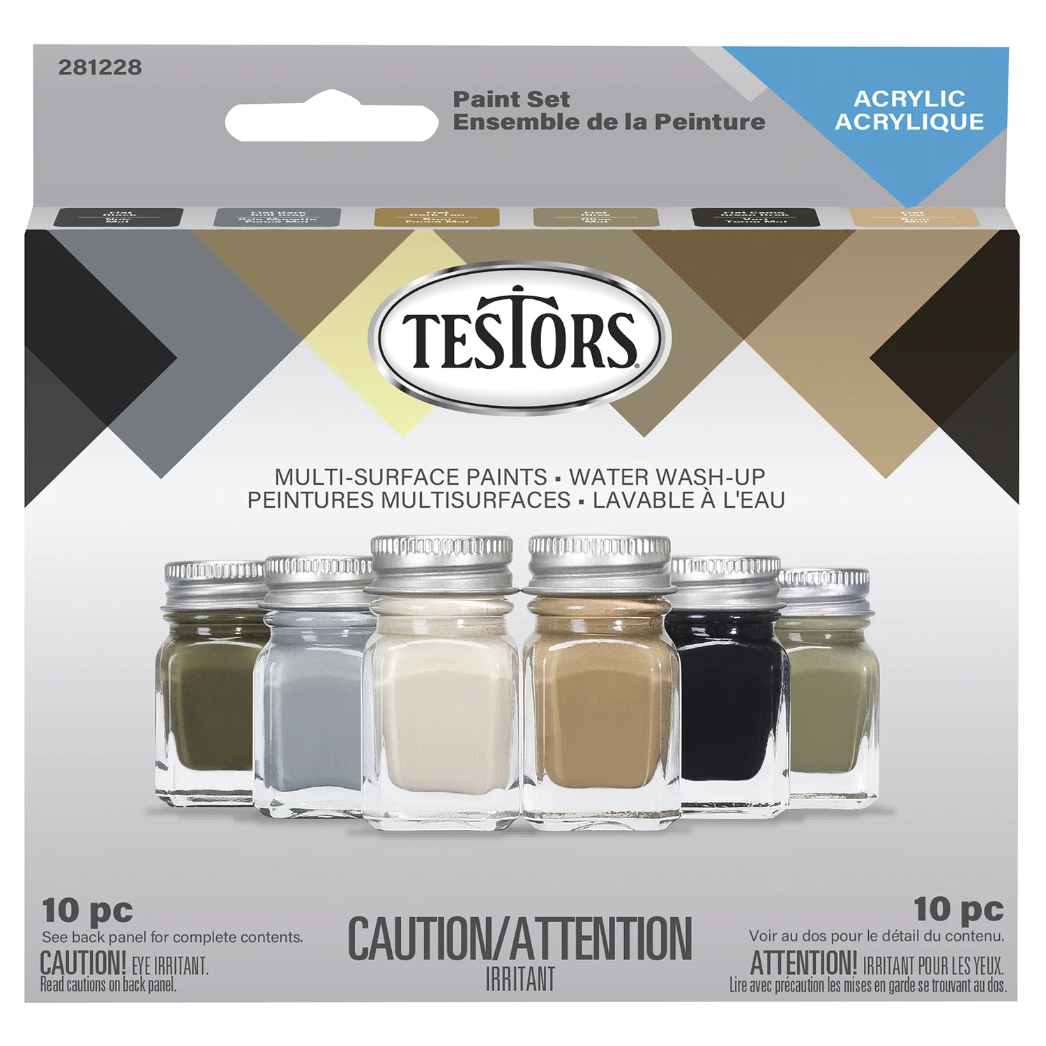 6-Color Model Paint Set & Brushes, Acrylic Flat Colors, 1/4 oz. ea.