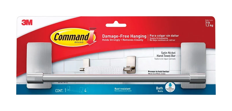 Hand Towel Bath Bar, 4 Water-Resistant Strips, Satin Nickel, 9 In.