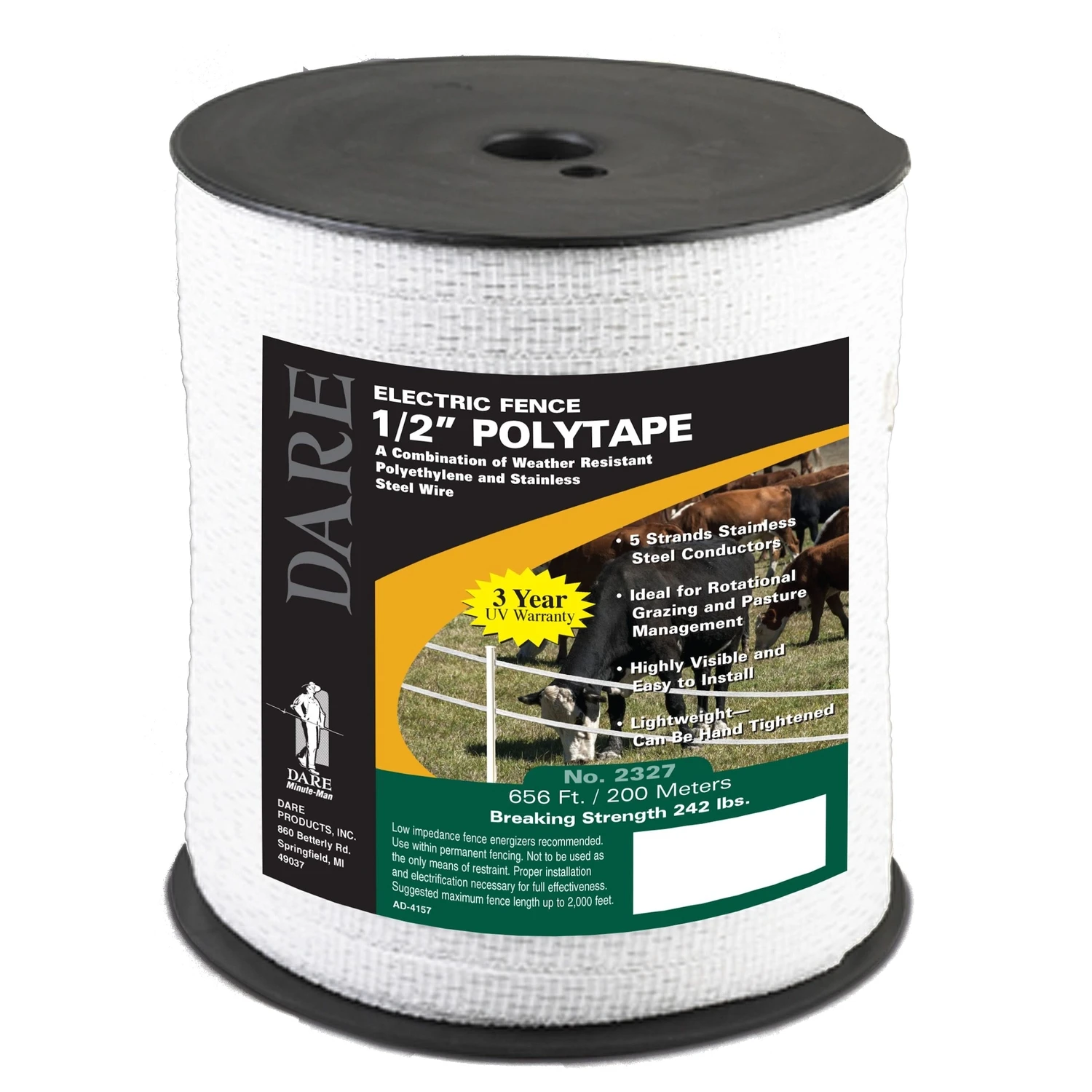 Electric Fence Tape, White Poly & 5-Wire Stainless Steel, 1/2 In. x 656 Ft.