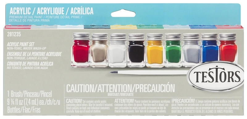 9-Color Acrylic Craft & Model Paint Set & Brushes, 1/4 oz. ea.