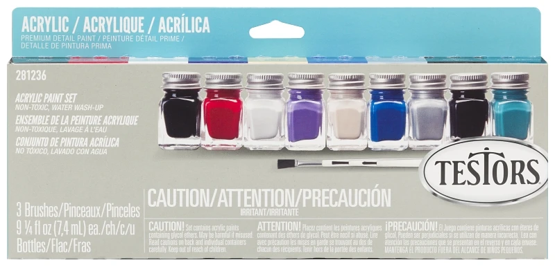 9-Color Model Car Paint Set & Brushes, 1/4 oz. ea.