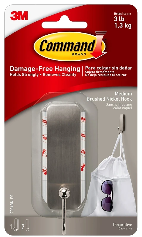 Metal Hook With 2 Strips, Brushed Nickel, Large