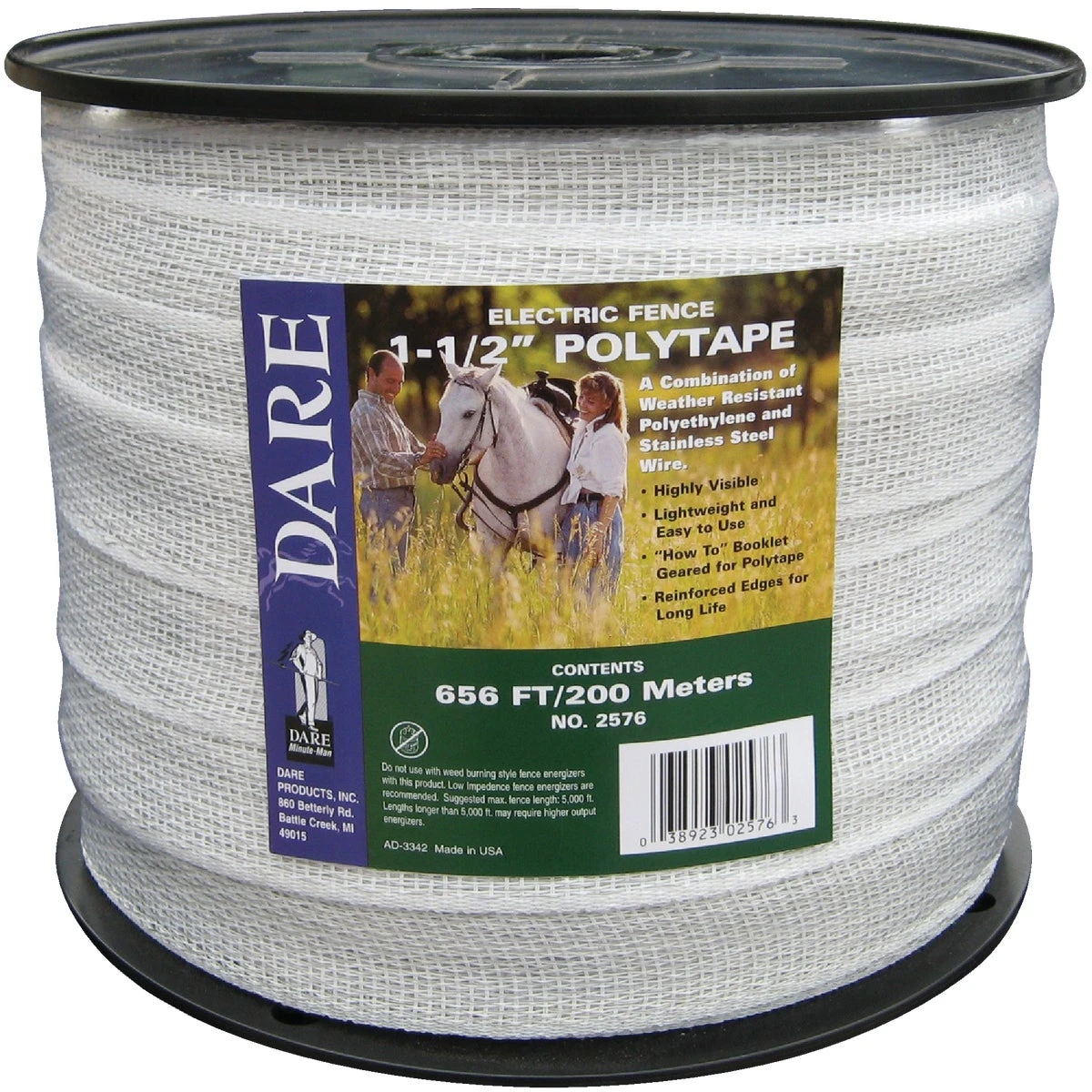 Electric Fence Tape, White Poly & 15-Wire Stainless Steel, 1-1/2 In. x 656 Ft.