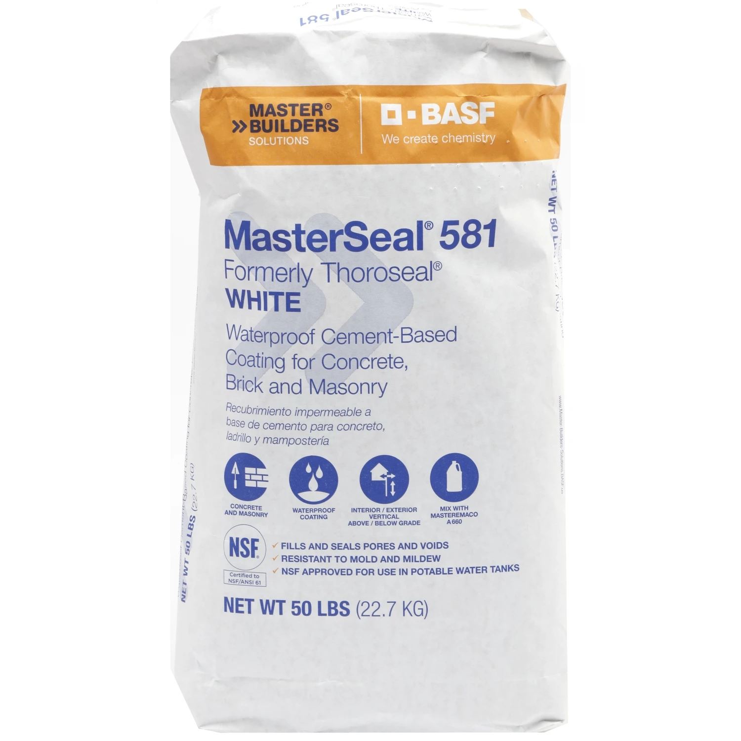 MasterSeal 581 Waterproof Coating, Cement Based, White, 50 Lbs.
