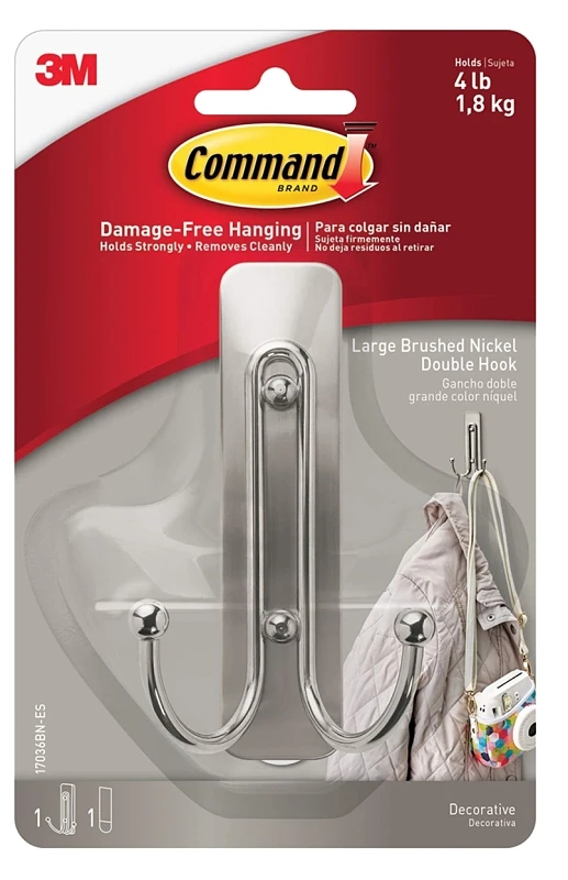 Metal Double Hook With Strips, Brushed Nickel, Large