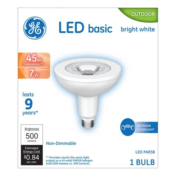 LED Floodlight Bulb, Bright White, Clear, Par38, 500 Lumens, 7 Watt