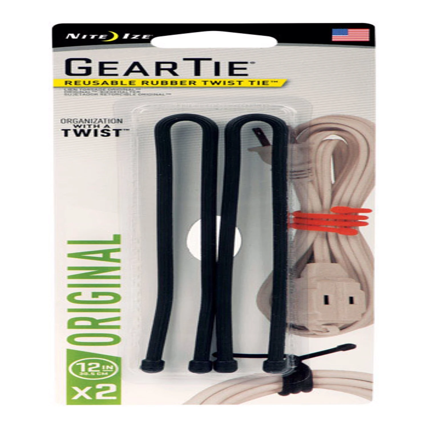 Gear Tie Reusable Rubber Twist Tie, Black, 12-In., 2-Pk.