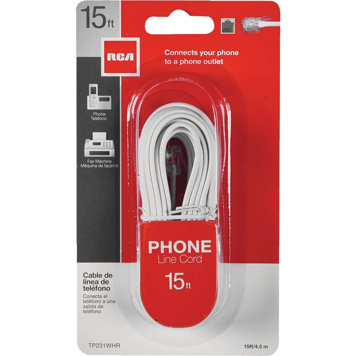 Phone Line Cord, White,15-Ft.