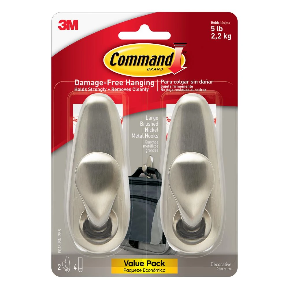 Metal Classic Hooks, Brushed Nickel, Large, 2-Pk.