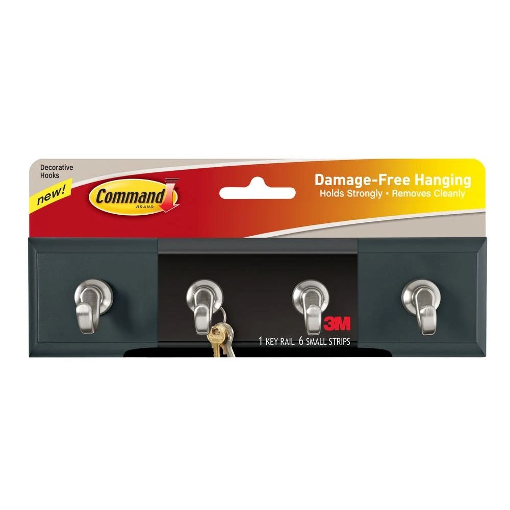 Key Hook Rail, Adhesive, Slate Color, 8 x 2-1/8 x 1-1/2 In.