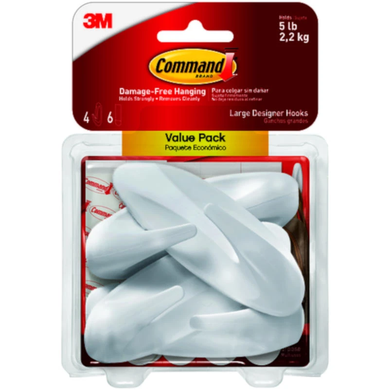 White Plastic Command Large Designer Hooks – 5 lb Capacity, Pack of 4