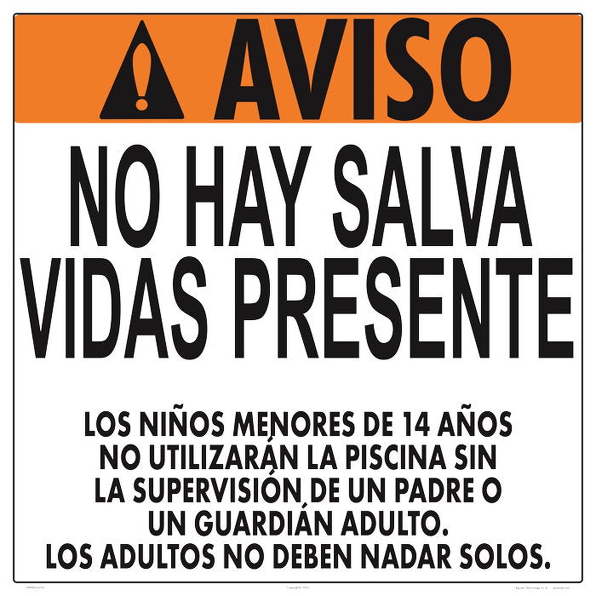 California No Lifeguard Warning Sign in Spanish (14 Years and Under) - 24 x 24 Inches on Styrene Plastic