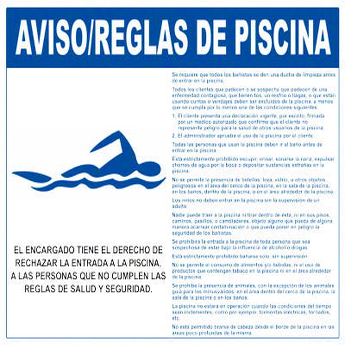 California Pool Rules With Graphic Sign in Spanish - 30 x 24 Inches on Styrene Plastic