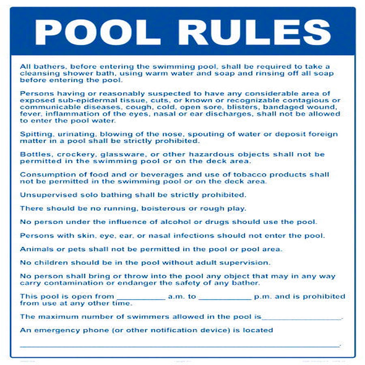 Colorado Pool Rules Sign - 18 x 24 Inches on Heavy-Duty Aluminum (Customize or Leave Blank)