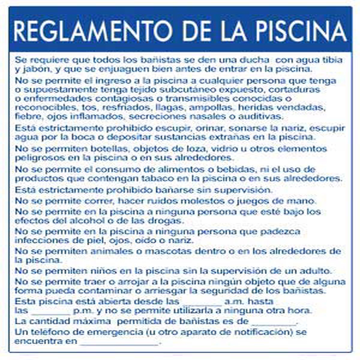 Colorado Pool Rules Sign in Spanish - 18 x 24 Inches on Heavy-Duty Aluminum (Customize or Leave Blank)
