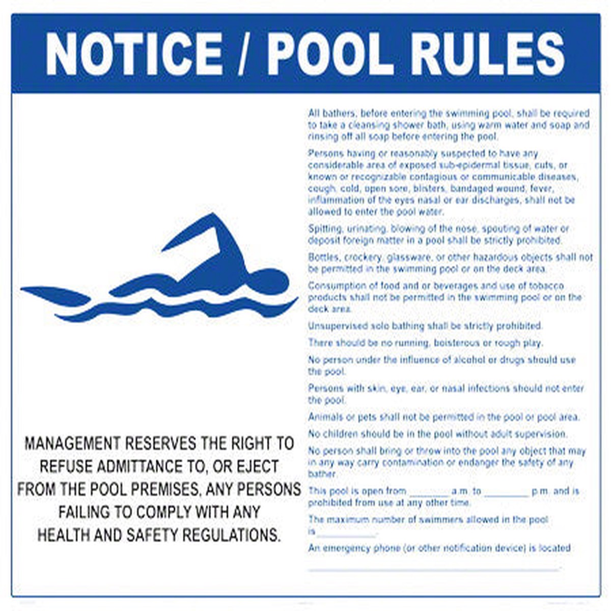 Colorado Pool Rules With Graphic Sign - 30 x 24 Inches on Styrene Plastic (Customize or Leave Blank)