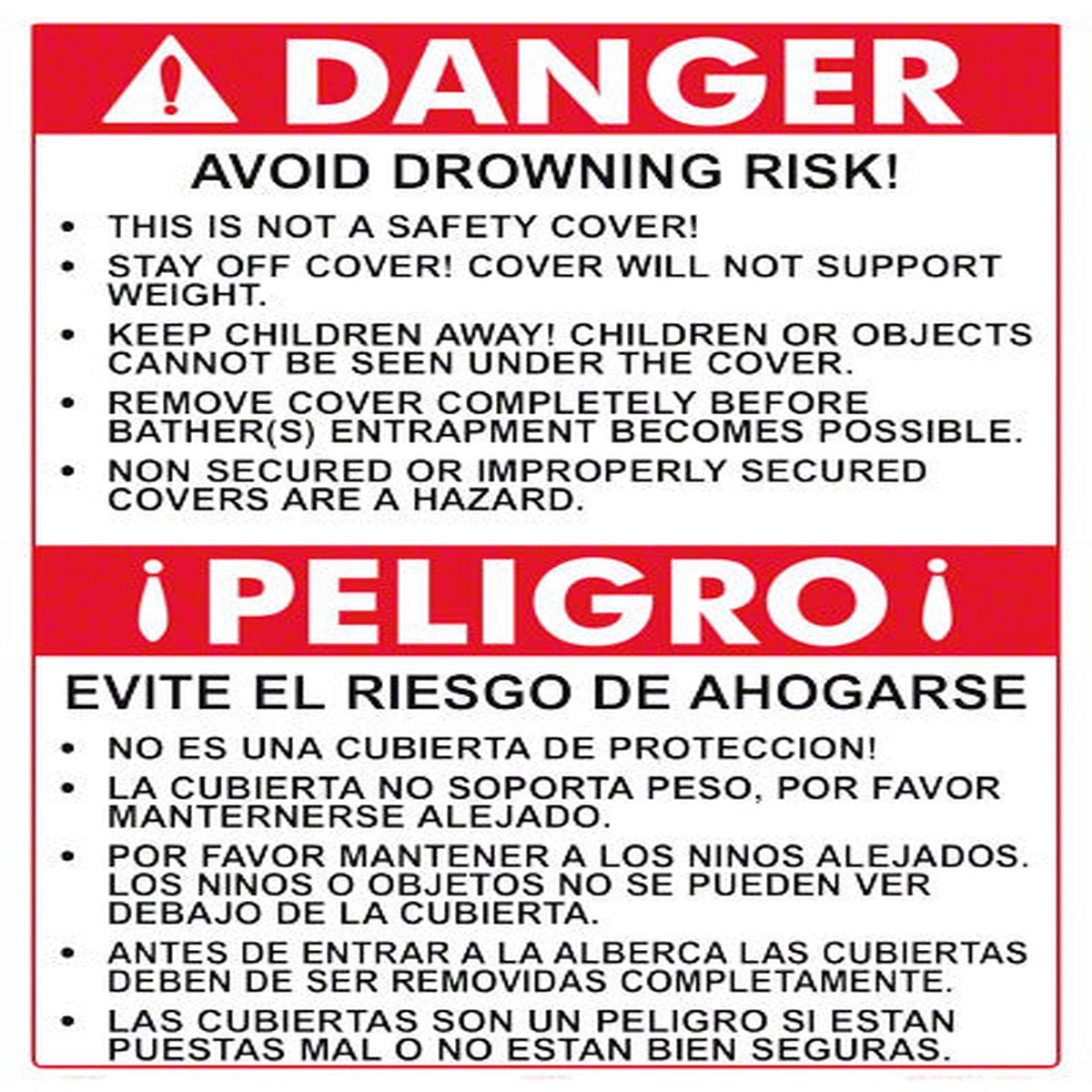 Danger Pool Cover Sign in English/Spanish - 18 x 24 Inches on Styrene Plastic