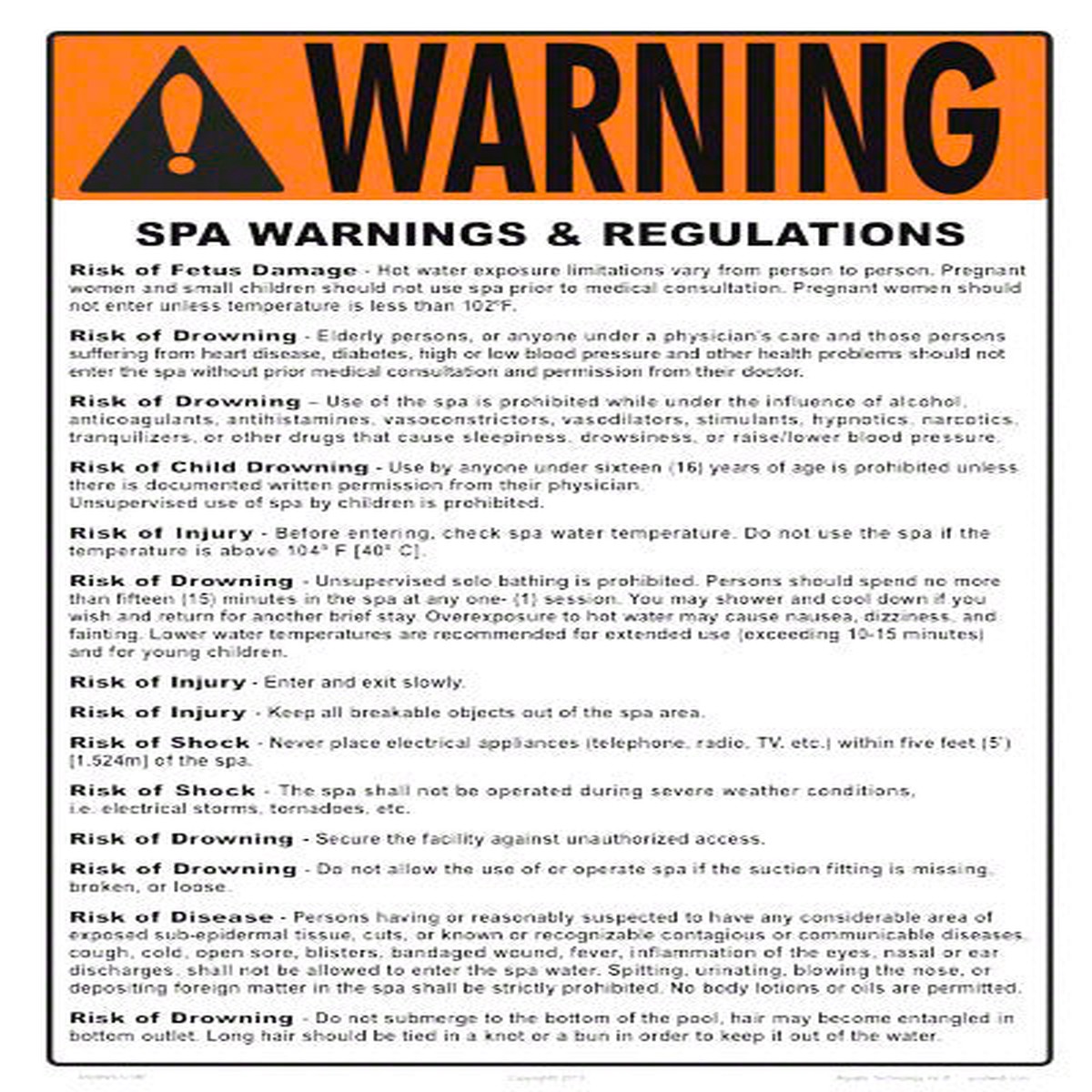 Delaware Spa Warnings and Regulations Sign - 12 x 18 Inches on Heavy-Duty Aluminum