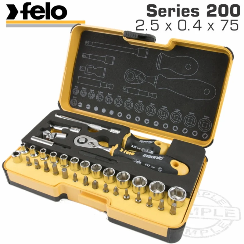 FELO 057 ERG. RATCHET SET 36PCS BIT/SOCK. 1/4′ STRONGBOX