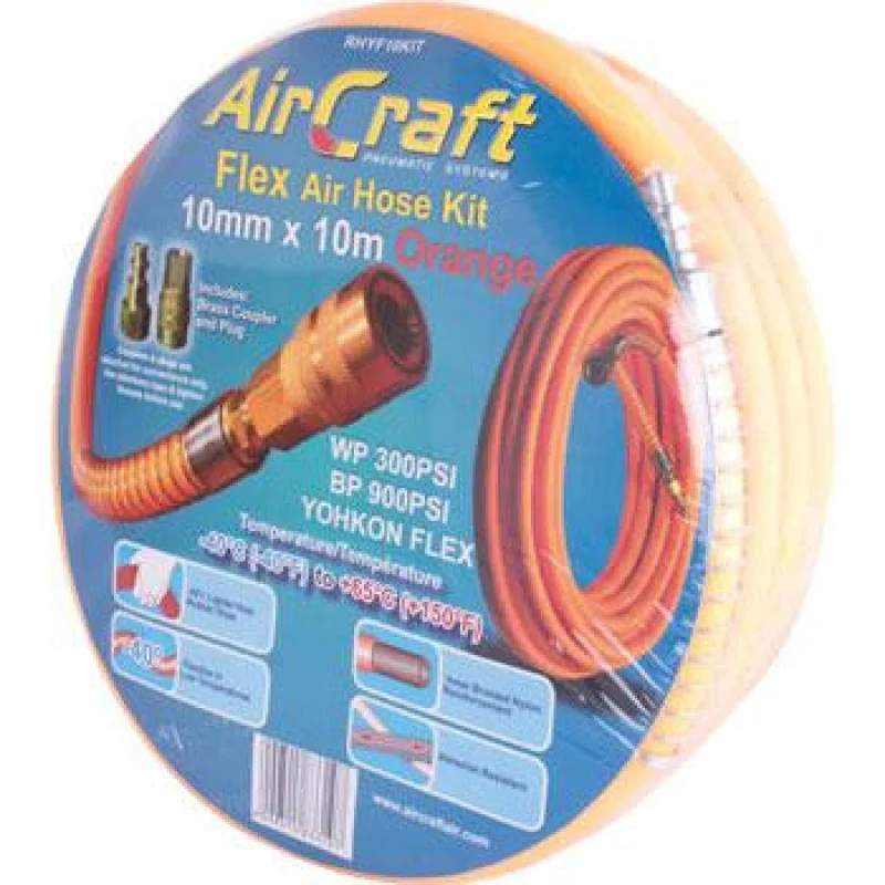 FLEX AIR HOSE KIT 10MM X 10M ORANGEW/QUICK COUPLER & CONNECTOR YOHKO