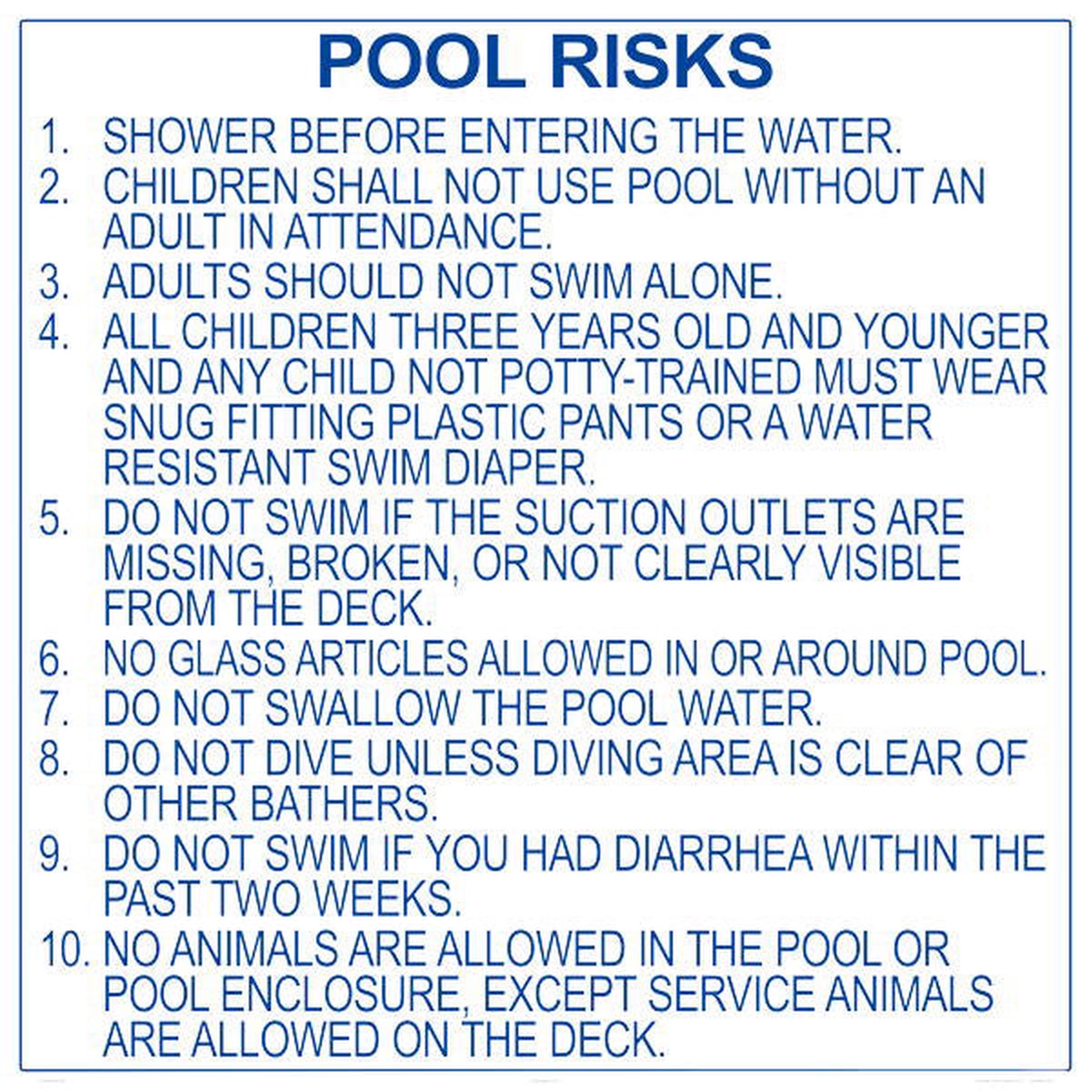 Georgia Pool Risks (Rules) Sign - 30 x 30 Inches on Styrene Plastic