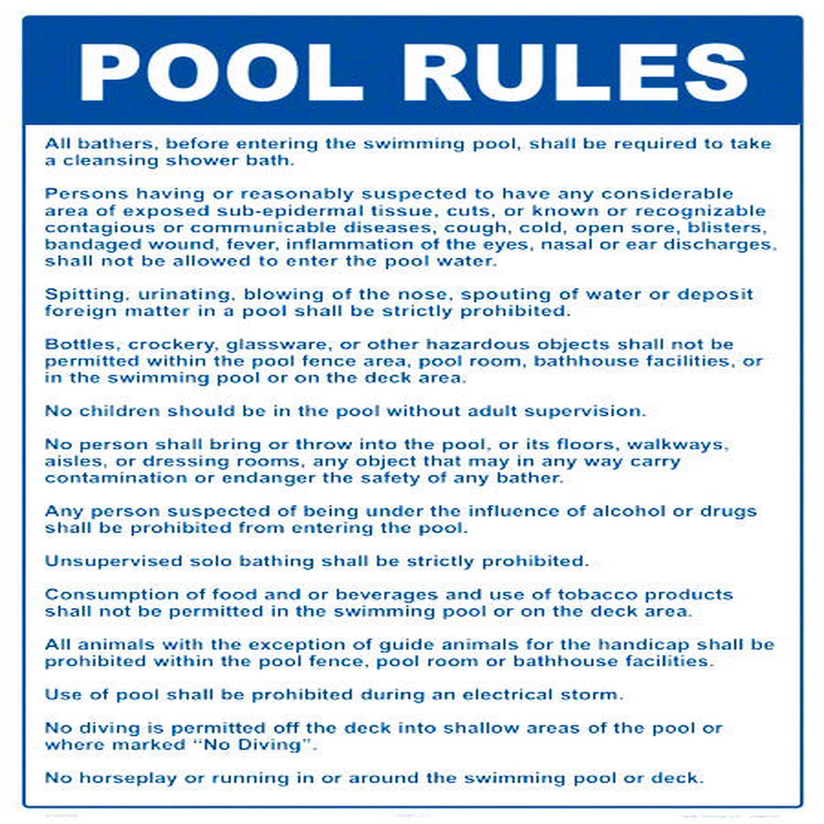 Idaho and Iowa Pool Rules Sign - 18 x 24 Inches on Styrene Plastic