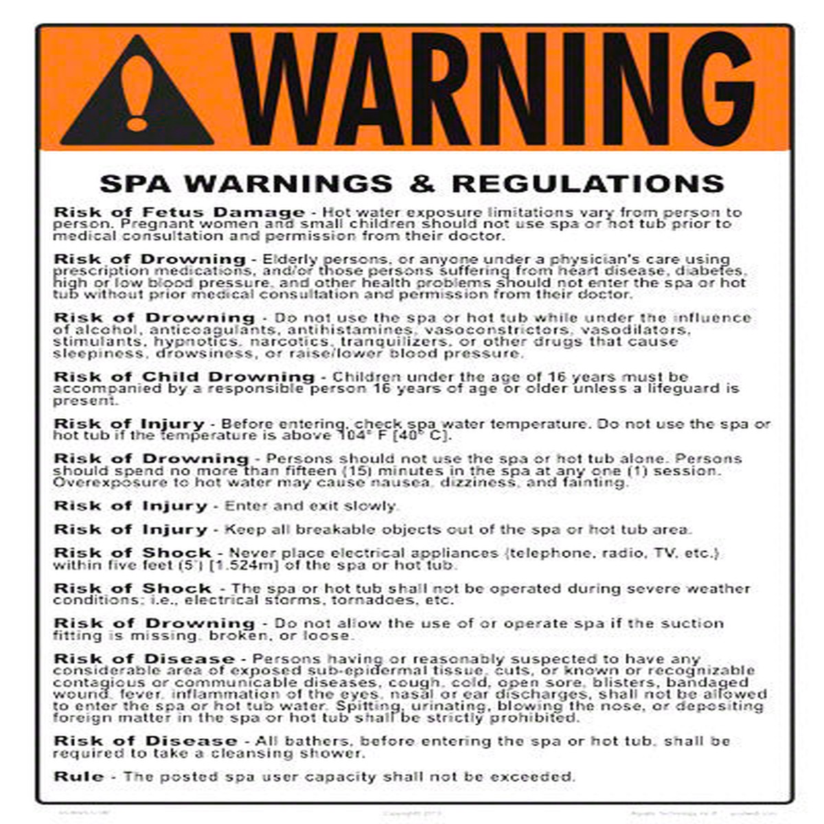 Illinois Spa Warnings and Regulations Sign - 12 x 18 Inches on Styrene Plastic