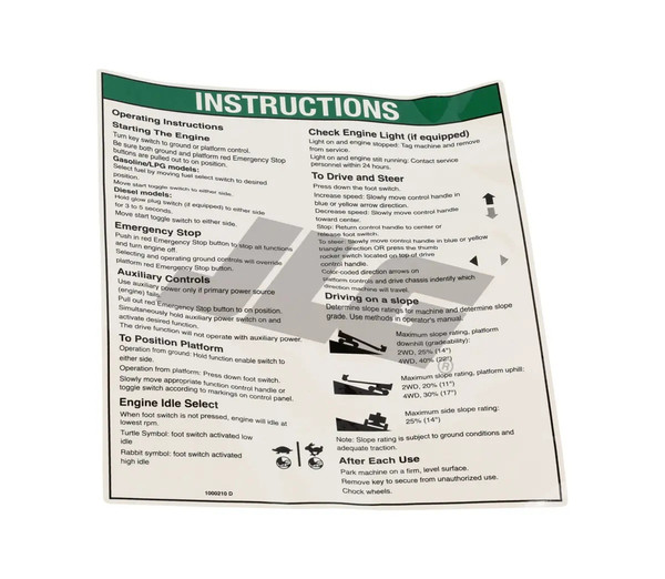 JLG Part # GN1000210 | GN-DECAL,NOTICE OPER INST IC, EA