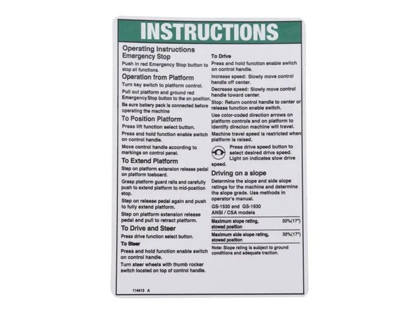 JLG Part # GN114413 | GN-NOTICE,OP INSTR-ANSI,GEN V, EA