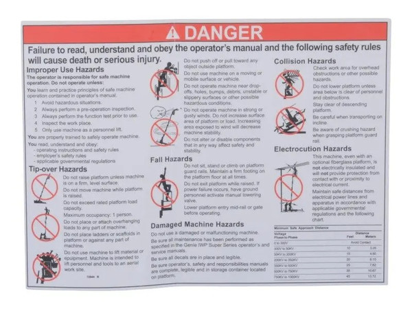 JLG Part # GN72844 | GN-DECAL,DANGER,GEN SAFE,IWP, EA